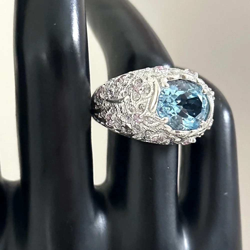 David Sigal 925 Sterling Silver Genuine Blue Topaz Pink CZ Statement Ring Size 9